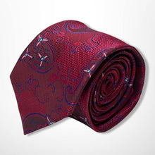 Load image into Gallery viewer, Dark Red Micro Check With Blue and White Flowers Silk Tie – Skinny 70mm