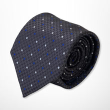 Load image into Gallery viewer, Dark Grey Knit With Blue and White Pin Dots Silk Tie – Skinny 75mm