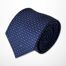 Load image into Gallery viewer, Navy Micro Check With White and Light Blue Pin Dots Silk Tie – Skinny 70mm