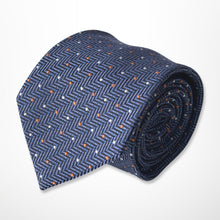 Load image into Gallery viewer, Navy Herringbone With White and Orange Pin Dots Silk Tie – Regular 80mm