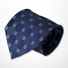 Load image into Gallery viewer, Navy Geometric With Light Blue Square and Dark Blue Polka Dots Silk Tie – Regular 90mm