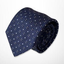 Load image into Gallery viewer, Navy Geometric White Flower and Pin Dots Silk Tie – Skinny 70mm