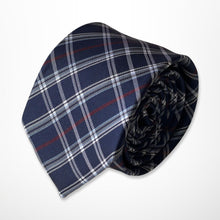 Load image into Gallery viewer, Navy Tartan With White and Red Stripes Silk Tie – Skinny 70mm