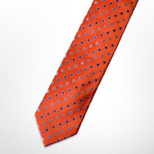 Load image into Gallery viewer, Orange Geographic With Navy and Light Blue Pin Dots Silk Tie – Skinny 70mm