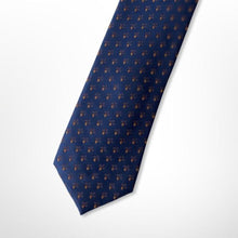 Load image into Gallery viewer, Navy Geometric With Brown Windmill Silk Tie – Skinny 70mm