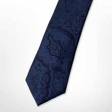 Load image into Gallery viewer, Navy Paisley With Black Flower Silk Tie – Skinny 55mm