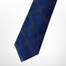 Load image into Gallery viewer, Navy Tartan With Blue Stripes Silk Tie – Skinny 70mm