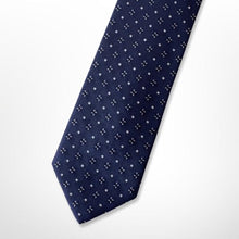 Load image into Gallery viewer, Navy Geometric White Flower and Pin Dots Silk Tie – Skinny 70mm