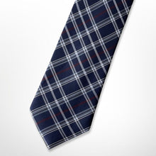 Load image into Gallery viewer, Navy Tartan With White and Red Stripes Silk Tie – Skinny 70mm