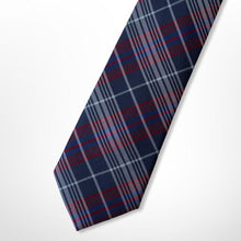 Load image into Gallery viewer, Navy Tartan With Red and White Stripes Silk Tie – Skinny 70mm