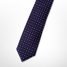 Load image into Gallery viewer, Navy Geometric With Red and Light Blue Dots Silk Tie – Skinny 60mm