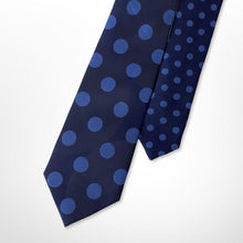 Load image into Gallery viewer, Navy Geometric With Blue Polka Dots Silk Tie – Skinny 70mm