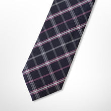 Load image into Gallery viewer, Dark Grey Tartan With White and Pink Stripes Silk Tie – Skinny 70mm