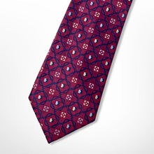 Load image into Gallery viewer, Dark Red Pattern With Yellow and Blue Geometric Silk Tie – Regular 100mm