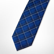 Load image into Gallery viewer, Navy Tartan With White and Blue Stripes Silk Tie – Regular 85mm