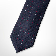 Load image into Gallery viewer, Navy Herringbone With Red and White Pin Dots Silk Tie – Regular 80mm