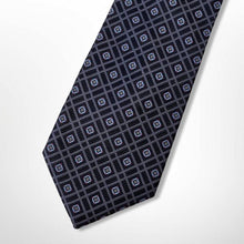Load image into Gallery viewer, Dark Blue Tartan With Light Blue Stripes and Geometric Silk Tie – Regular 85mm
