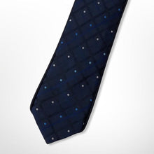 Load image into Gallery viewer, Navy Tartan With Black Stripes and Light Blue/White Pin Dots Silk Tie – Skinny 60mm