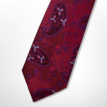Load image into Gallery viewer, Dark Red Micro Check With Blue and White Flowers Silk Tie – Skinny 70mm
