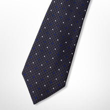 Load image into Gallery viewer, Dark Grey Knit With Blue and White Pin Dots Silk Tie – Skinny 75mm