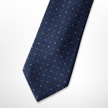 Load image into Gallery viewer, Navy Herringbone With White and Orange Pin Dots Silk Tie – Regular 80mm