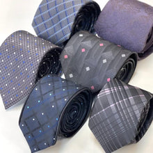 Load image into Gallery viewer, Navy Tartan With Black Stripes and Light Blue/White Pin Dots Silk Tie – Skinny 60mm