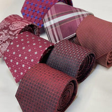Load image into Gallery viewer, Dark Red Pattern With Silver and Red Geometric Silk Tie – Skinny 70mm