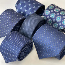 Load image into Gallery viewer, Navy Geometric With Light Blue Square and Dark Blue Polka Dots Silk Tie – Regular 90mm