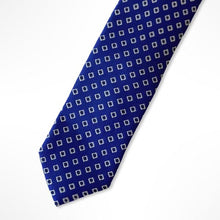 Load image into Gallery viewer, Blue Micro Check With White/Navy Geometric Silk Tie – Slim 50mm