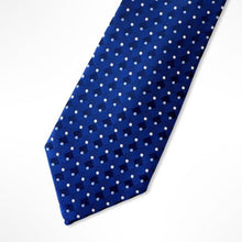 Load image into Gallery viewer, Blue Micro Check With White Pin Dots and Navy Geometric Silk Tie – Regular 75mm
