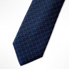 Load image into Gallery viewer, Blue Pattern With Navy Geometric and White Pin Dots Silk Tie – Skinny 70mm