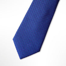 Load image into Gallery viewer, Blue Micro Check With Purple Pin Dots and White Geometric Silk Tie – Skinny 75mm