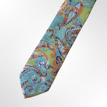 Load image into Gallery viewer, Colorful Orange Paisley With White/Green/Light Blue Pattern Silk Tie – Skinny 75mm