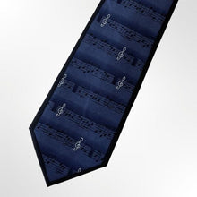 Load image into Gallery viewer, Navy Pattern With Black/White Sheet Music Silk Tie – Regular 90mm