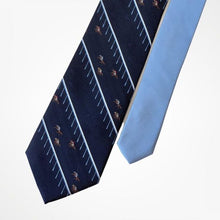 Load image into Gallery viewer, Navy Repp With White/Light Blue Stripes and Racing Horse Silk Tie – Regular 85mm
