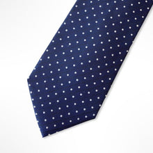 Load image into Gallery viewer, Blue Twill With White Pin Dots and Navy Stripes Silk Tie – Skinny 70mm