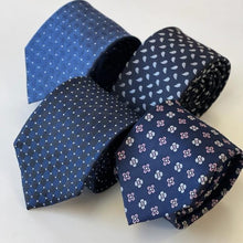Load image into Gallery viewer, Blue Micro Check With White Pin Dots and Black Square Silk Tie – Regular 80mm