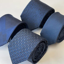 Load image into Gallery viewer, Blue Pattern With Navy Geometric and White Pin Dots Silk Tie – Skinny 70mm