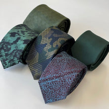 Load image into Gallery viewer, Malachite Green Pattern With Navy/Brown/Yellow Geometric Silk Tie – Skinny 60mm