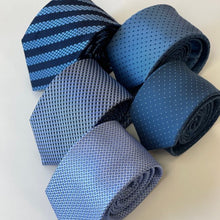 Load image into Gallery viewer, Blue Micro Check With White/Light Blue Geometric Silk Tie – Skinny 65mm
