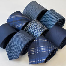 Load image into Gallery viewer, Blue Micro Check With White Geometric Silk Tie – Skinny 60mm