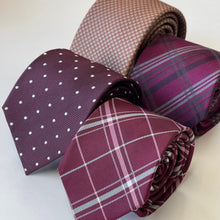 Load image into Gallery viewer, Violet Tartan With Pink/Grey Stripes Silk Tie – Skinny 70mm
