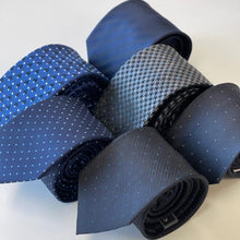 Load image into Gallery viewer, Blue Micro Check With White/Navy Pin Dots Silk Tie – Regular 75mm