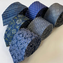 Load image into Gallery viewer, Blue Pattern With White/Navy Polka Dots Silk Tie – Skinny 65mm