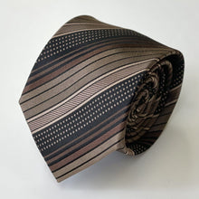 Load image into Gallery viewer, Brown Geometric With Black Stripes And White Pin Dots Silk Tie – Skinny 75mm
