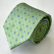 Load image into Gallery viewer, Green Geometric With Blue Flowers And Pin Dots Silk Tie – Regular 80mm