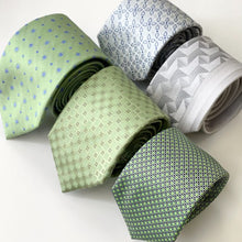 Load image into Gallery viewer, Green Geometric With Blue Flowers And Pin Dots Silk Tie – Regular 80mm