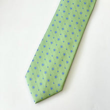 Load image into Gallery viewer, Green Geometric With Blue Flowers And Pin Dots Silk Tie – Regular 80mm