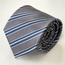 Load image into Gallery viewer, Gray Twill With Blue And White Stripes Silk Tie – Regular  85mm