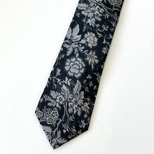 Load image into Gallery viewer, Black Floral With White Flowers Silk Tie – Regular 85mm